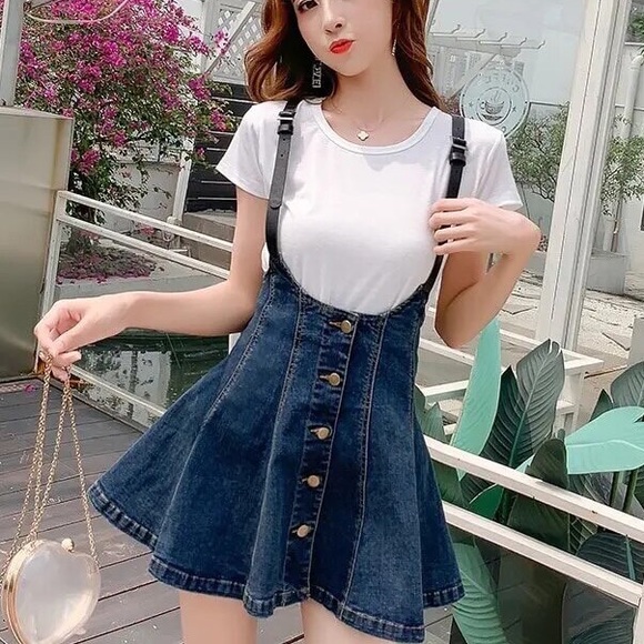 Denim overall skirt womens navy dark blue button bottom suspender - Picture 3 of 3